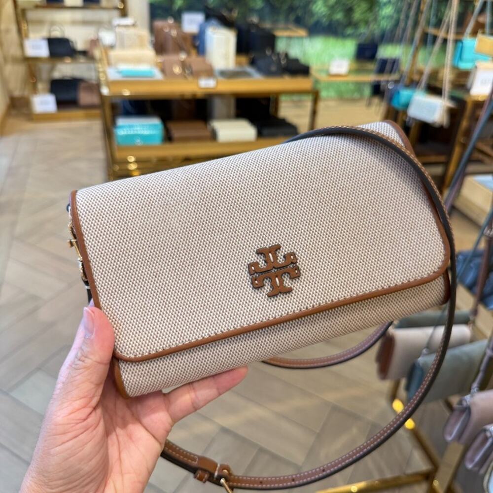 Tory Burch Thea Canvas Flat Wallet Crossbody 180150 Canvas / Classic Cuoio $425 - Picture 3 of 7